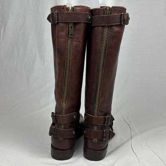 Frye Veronica Mid-Calf Zip Back Brown Leather Riding Boots - Picture 2 of 9
